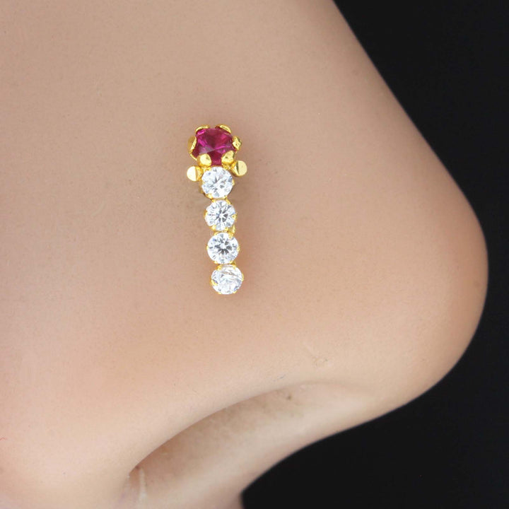 18K Real Gold Women Pink & White Stone Nose stud for women 