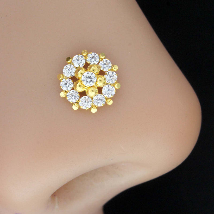 Floral shape 18K Real Gold Nose stud with white stones 