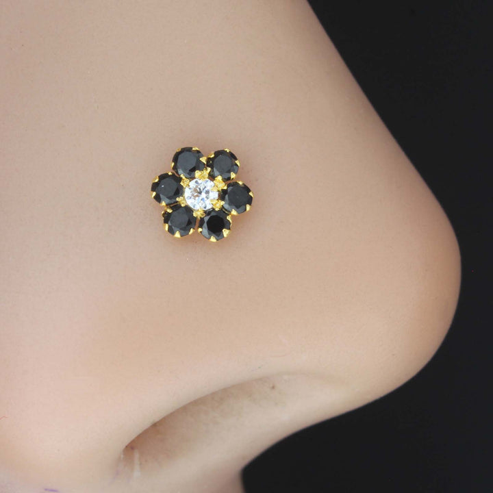 Flower shape Nose stud with white & Black Stones 