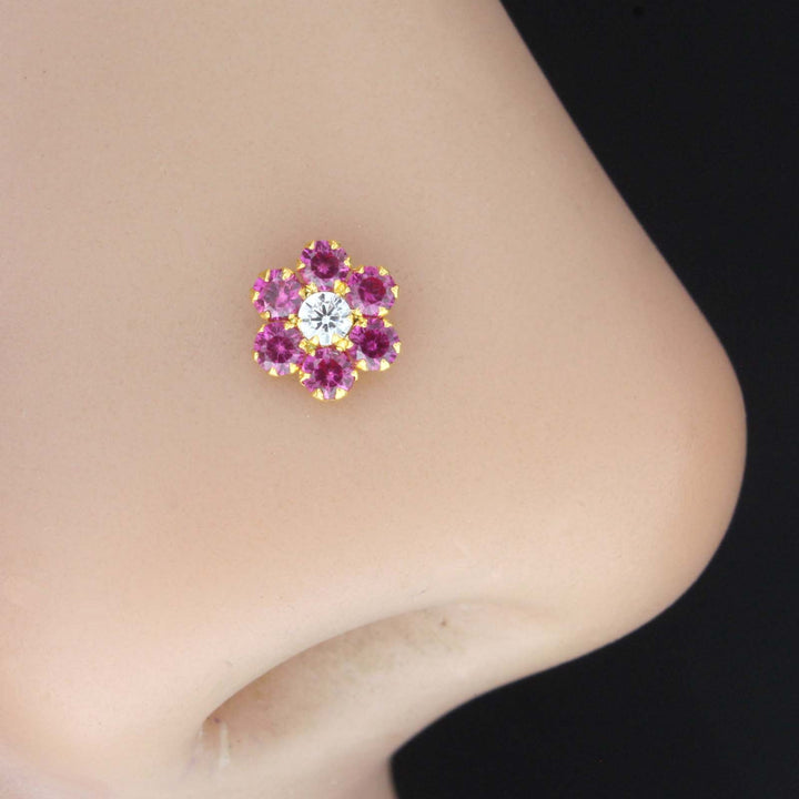 Flower Style 18K Real Gold with Pink White Stones Nose stud 