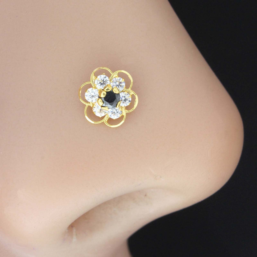 18K Real Gold Nose pin Flower Design with White and Black stone 