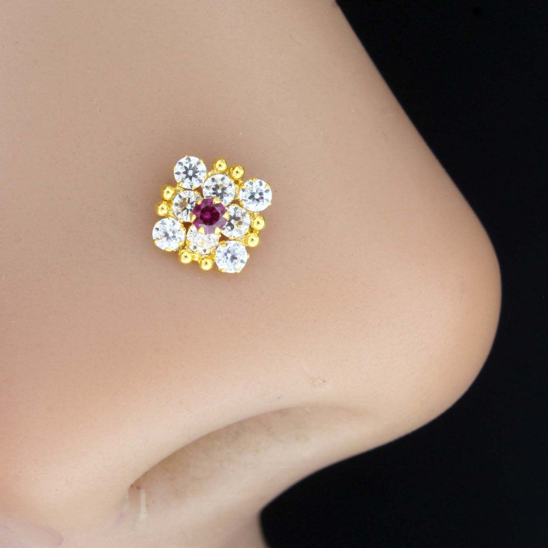 Square Style 18K Real Gold Nose pin with single pink and white stones 