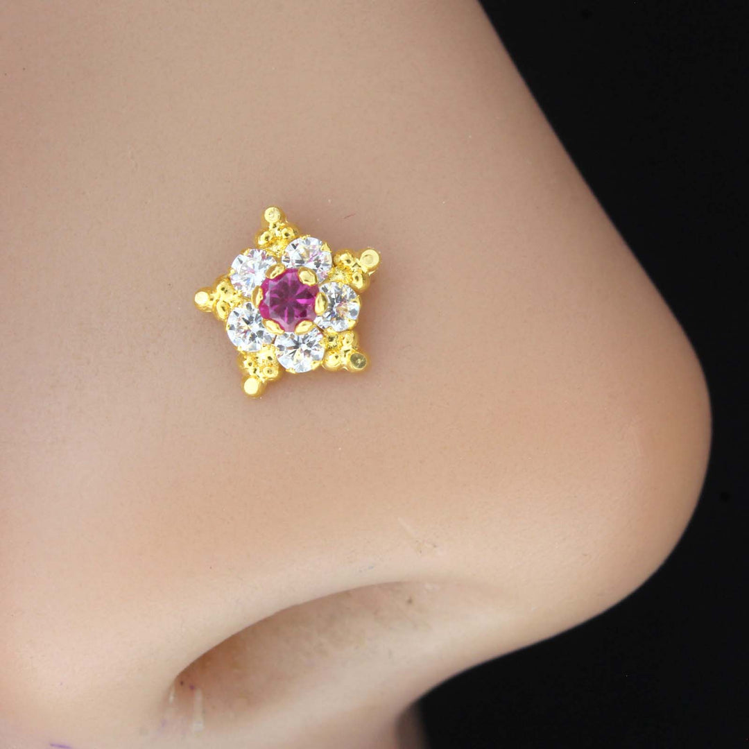 18K Real Gold Nose pin in Star Shape with pink and white stones 