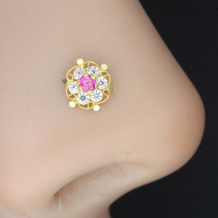 18K Real Gold Nose pin Flower Design With pink and white stones 