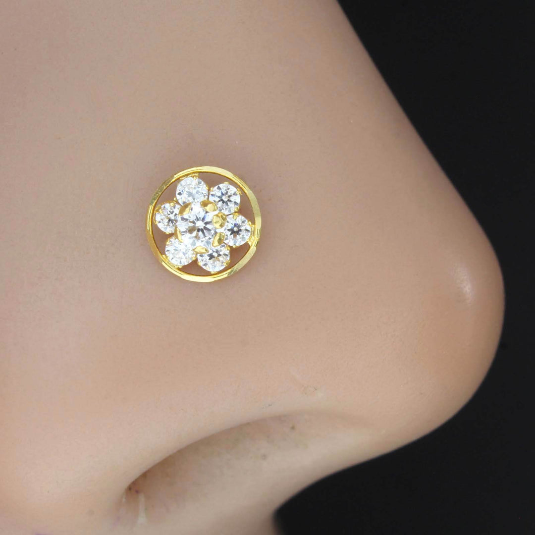 Wheel Style 18K Real Gold Nose pin with white stones 