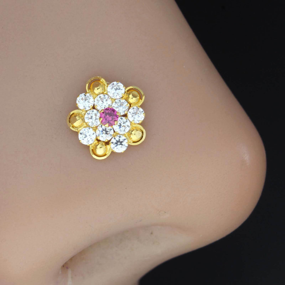 18K Real Gold Nose pin with pink and white stones for women 