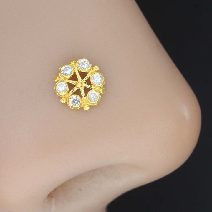 Small Wheel Style 18K Real Gold White stone Nose pin