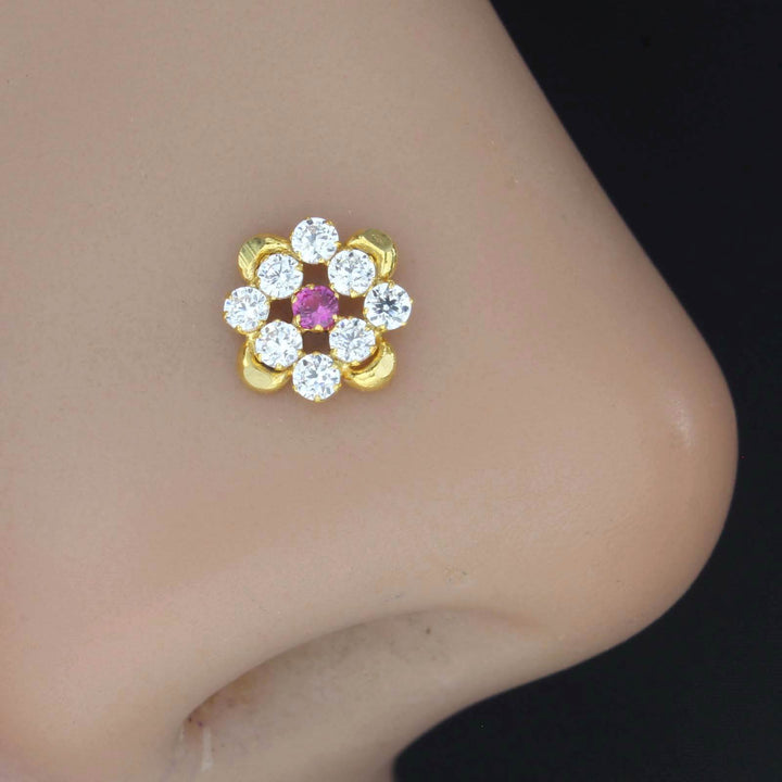 Unique Style 18K Real Gold Pink White stone Nose pin 