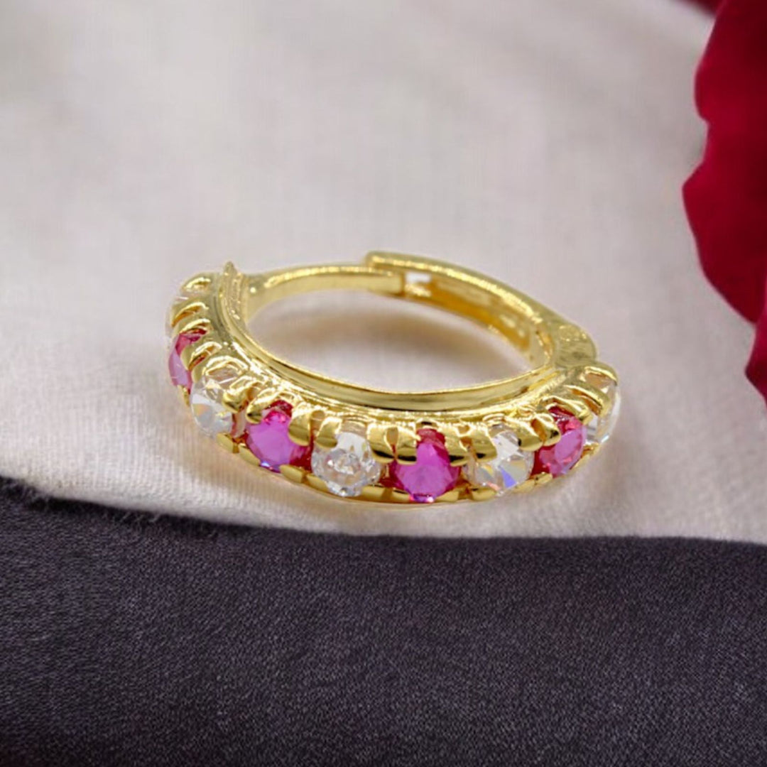 18K Real Gold Nose Rings with Pink & White Stones 