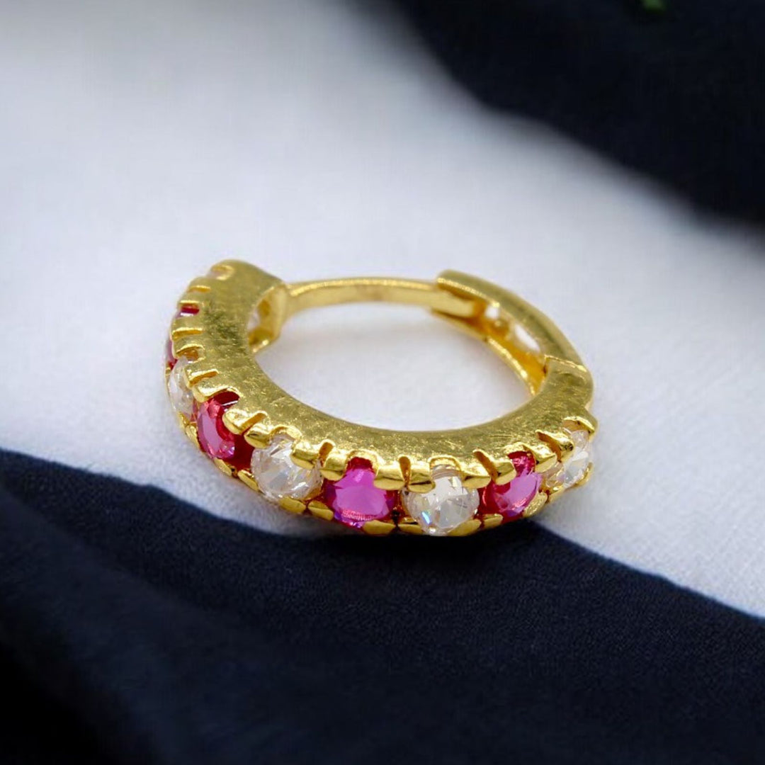 18K Real Gold Nose Rings Pink & White Stone for women 