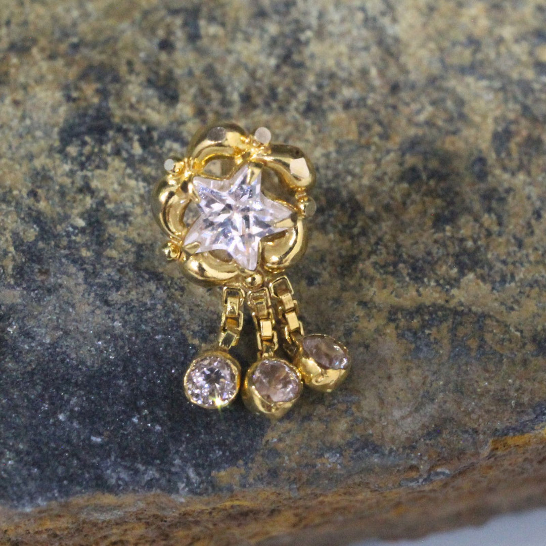 Real Gold Nose stud In 14k With White Stones with Push Pin