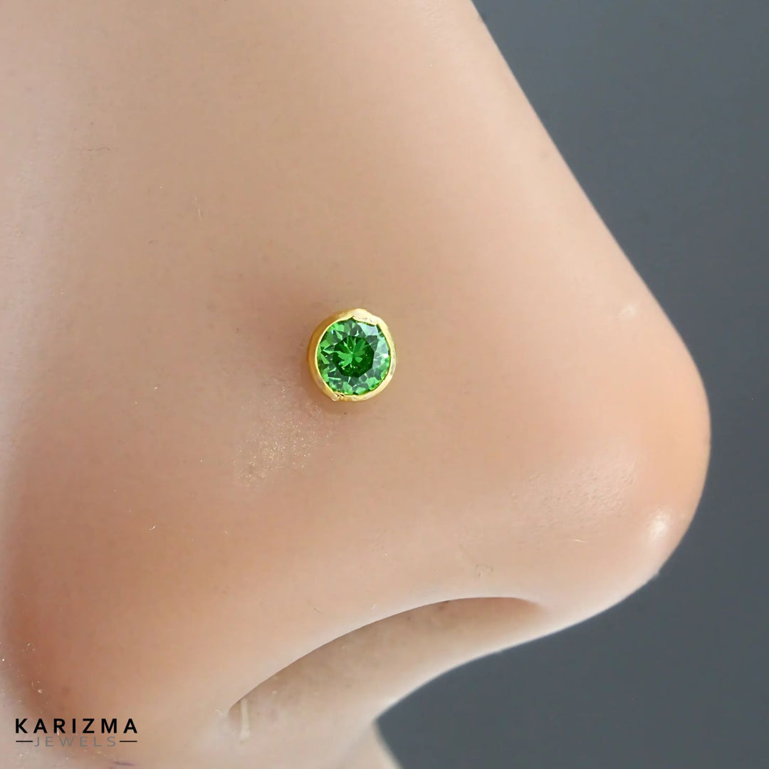 14K Real Gold Women Green Round CZ daily wear Nose stud nose ring Push Pin