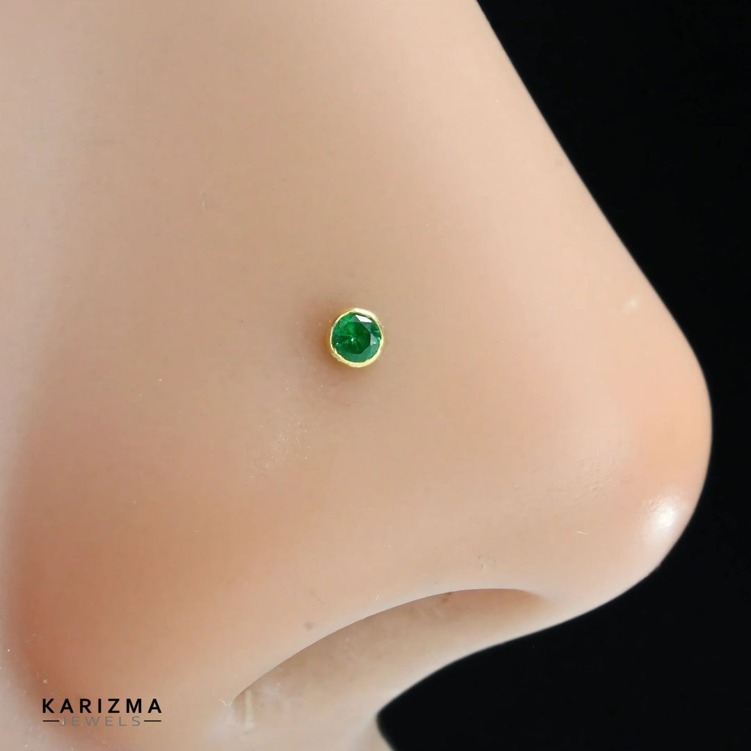 14K Real Gold Women Green Round CZ Very small Nose stud nose ring Push Pin