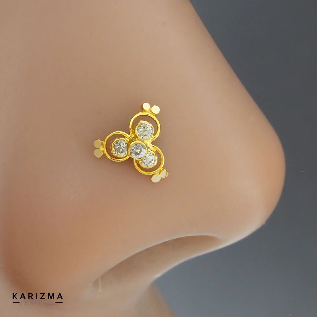14K Real Gold Women White CZ floral design Nose stud nose ring Push Pin