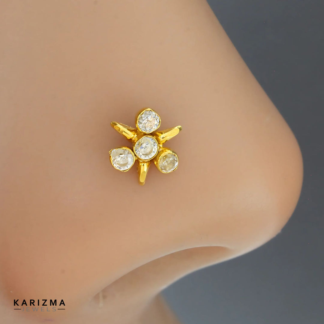 14K Real Gold Women White CZ Star style daily wear Nose stud nose ring Push Pin