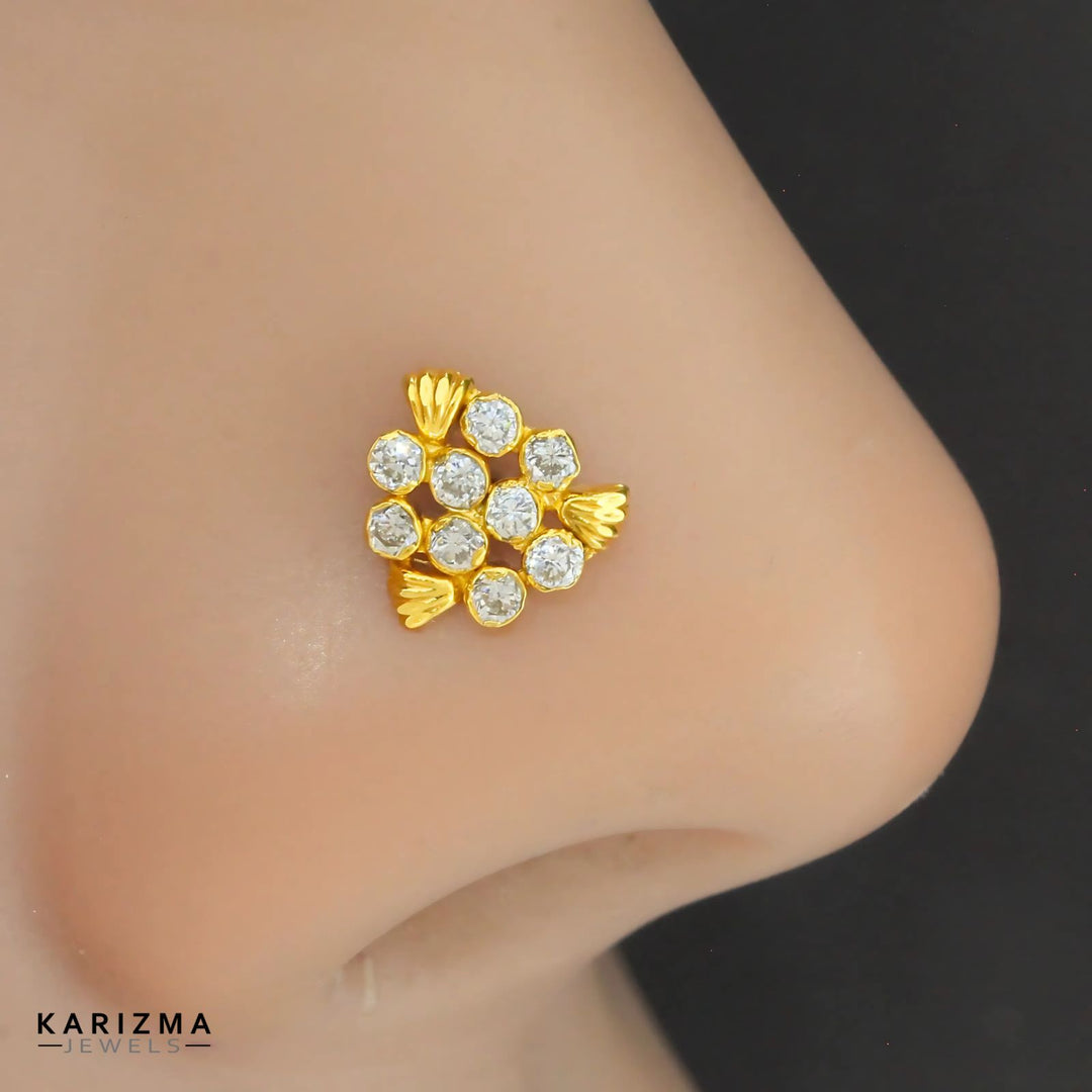 New Trendy 14K Real Gold Women White CZ Nose stud nose ring Push Pin