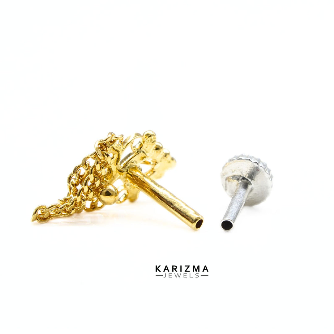 14k Real Gold Indian Women dangle cultural design Nose Stud Push Pin