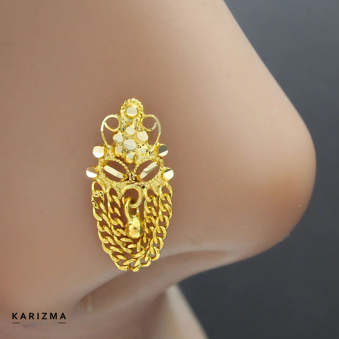 14k Real Gold Indian Women dangle cultural design Nose Stud Push Pin