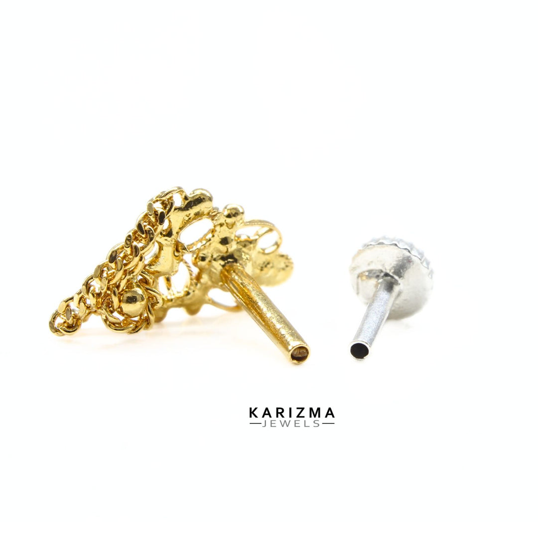 14k Real Gold Indian Women dangle cultural design Nose Stud Push Pin