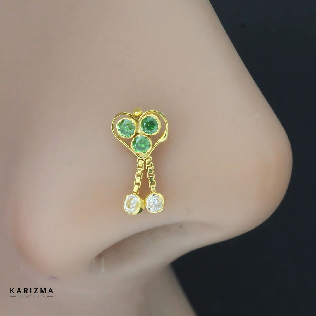 14K Real Solid Gold Indian Women Green White CZ amazing dangle Nose stud nose ring Push Pin