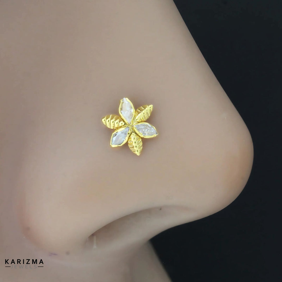 14K Real Gold Indian Women White CZ floral Nose stud nose ring Push Pin