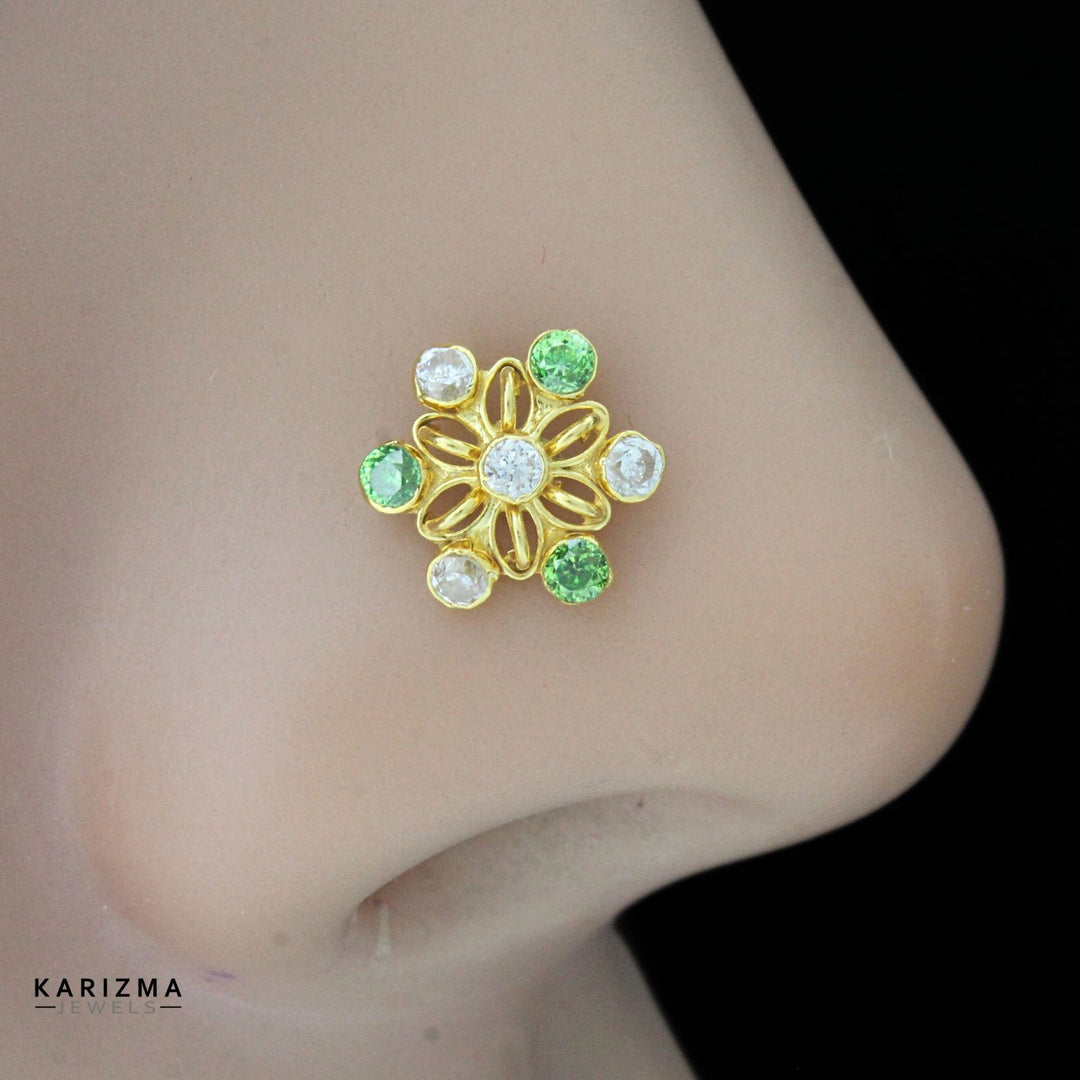 14K Real Gold Indian Women Green White CZ floral Nose stud nose ring Push Pin