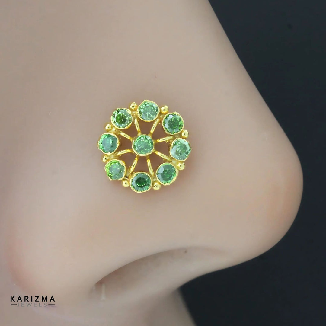 14K Real Gold Indian Women Green CZ Excellent gifting Nose stud nose ring Push Pin