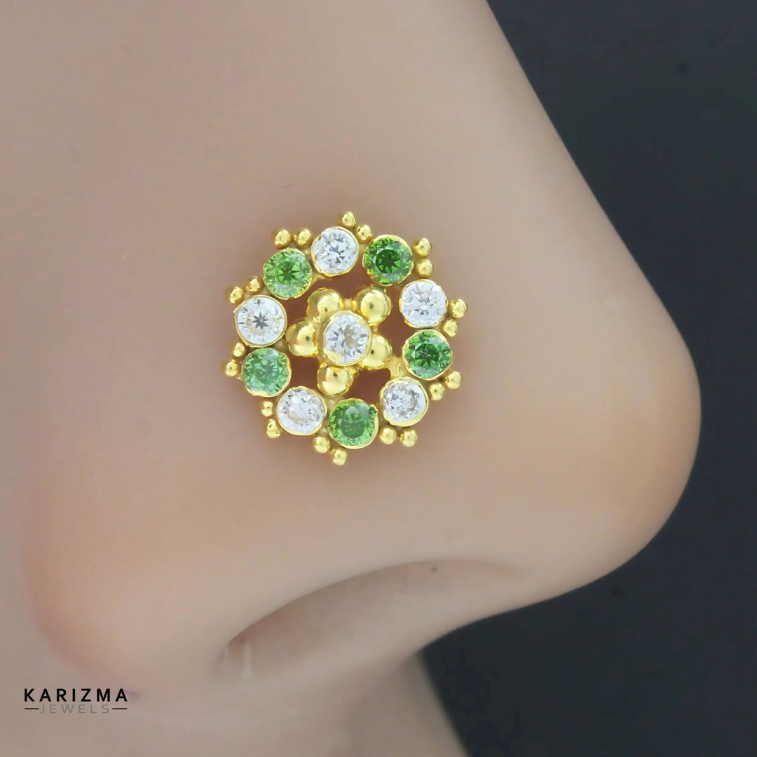 14K Real Gold Indian Women Green White CZ party wear Nose stud nose ring Push Pin