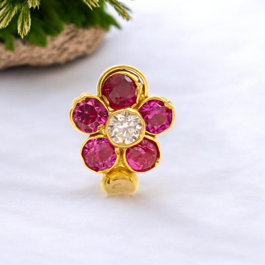 18K Real Gold Blooming White CZ Nose Ring Push Pin Nose Stud