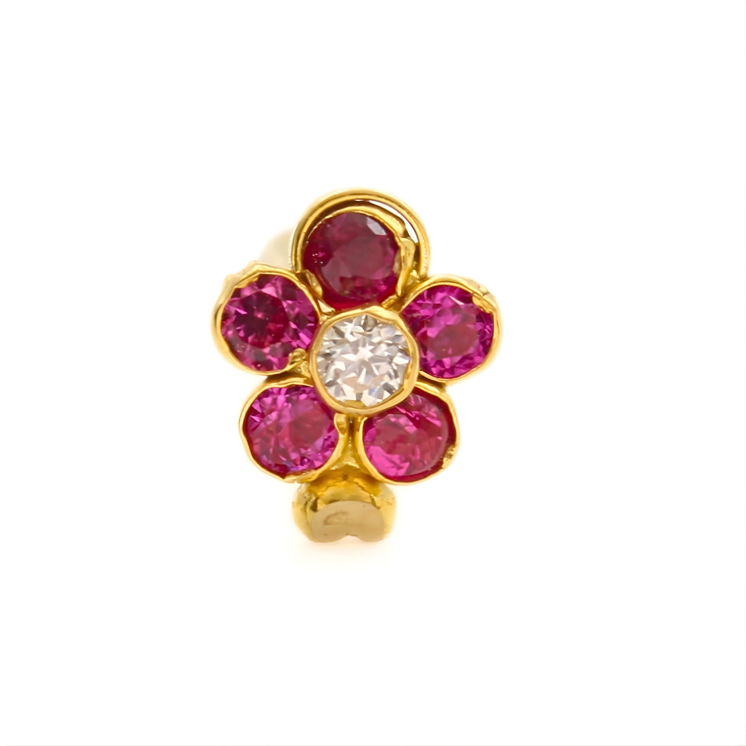 18K Real Gold Blooming White CZ Nose Ring Push Pin Nose Stud