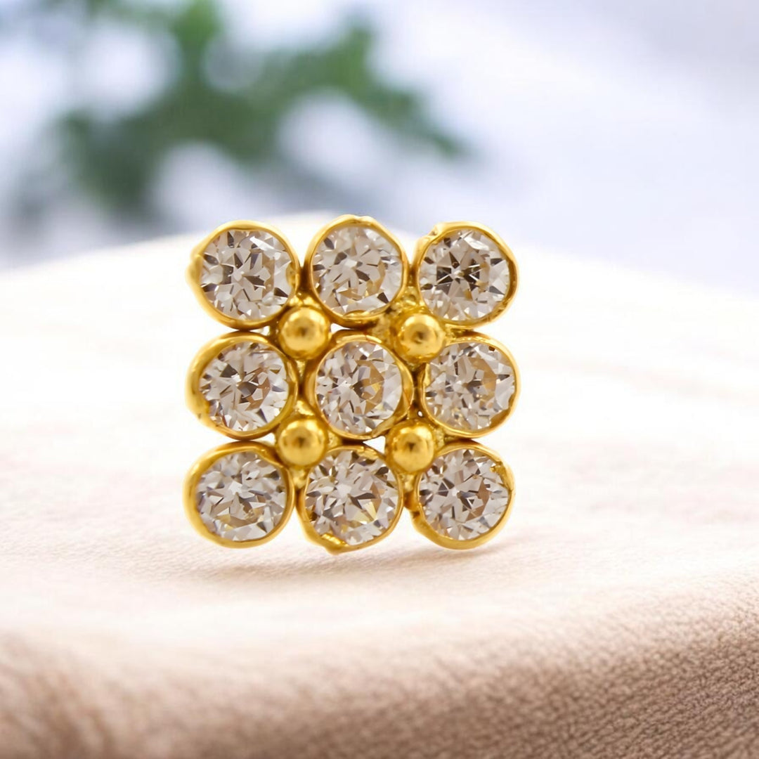 18K Real Gold White CZ Square Nose stud nose ring Push Pin