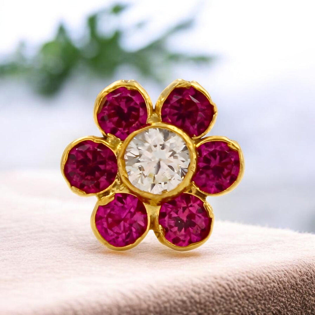 Flower 18K Real Gold Pink White CZ Nose stud nose ring Push Pin