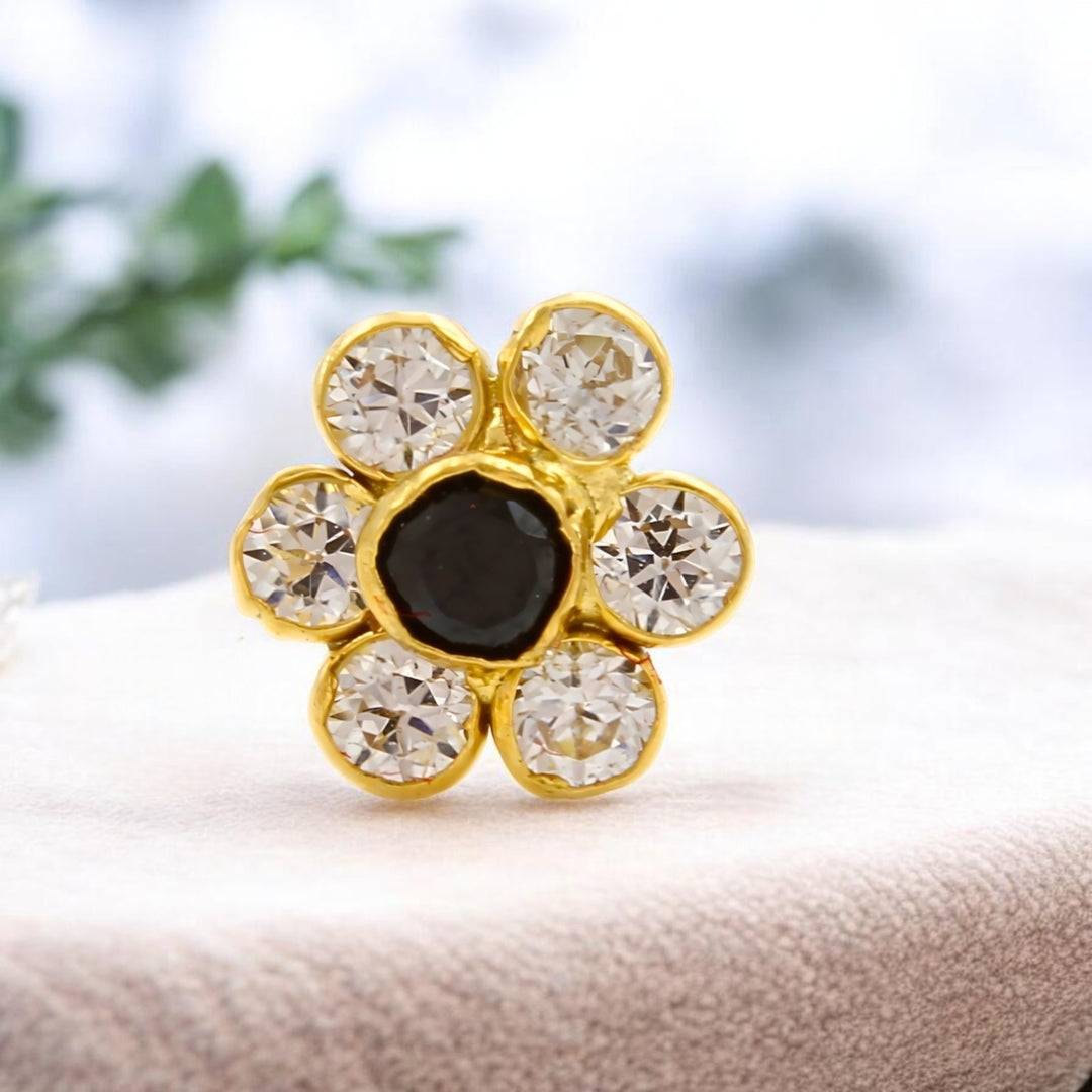 18K Real Gold Black and White CZ Flower Nose Stud