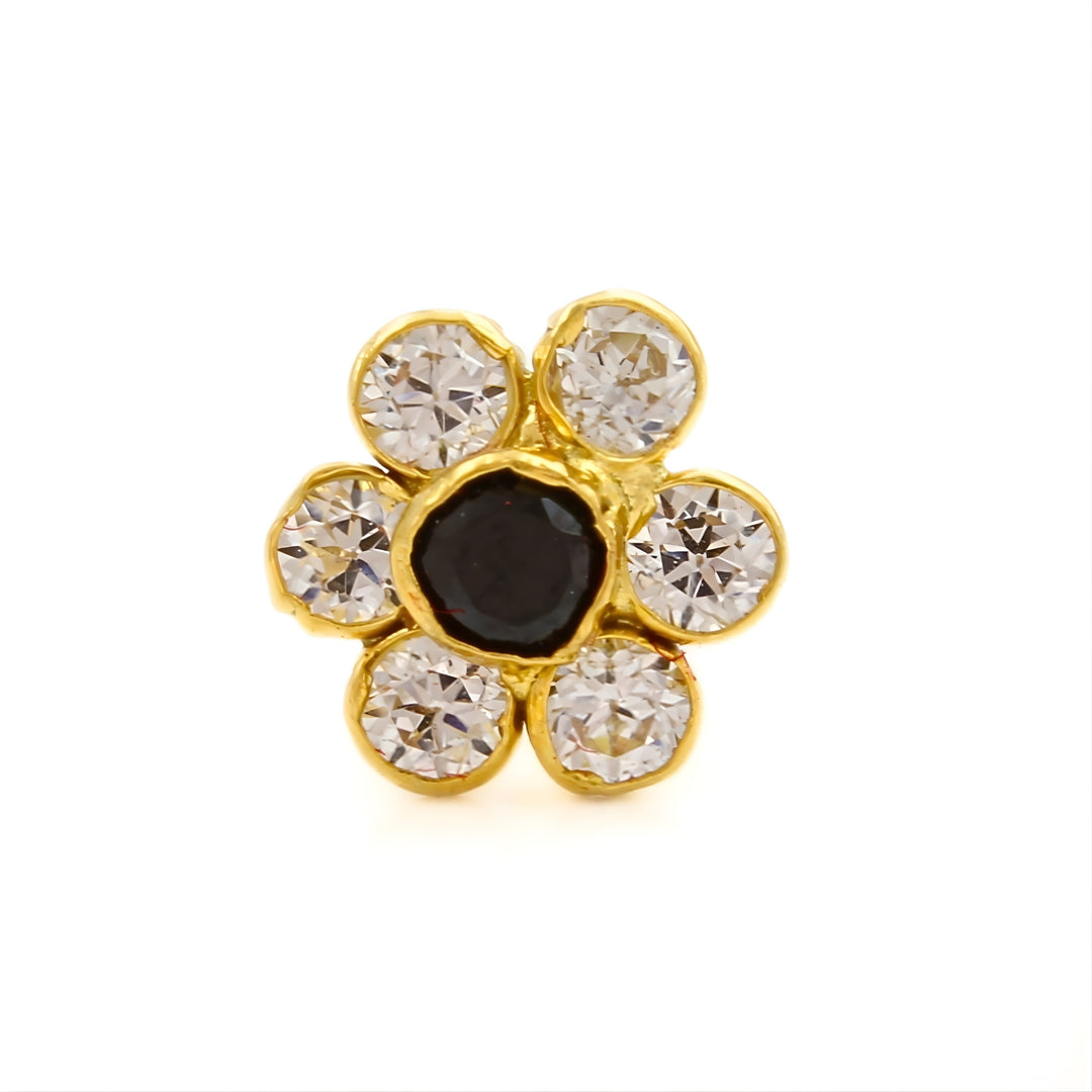 18K Real Gold Black and White CZ Flower Nose Stud