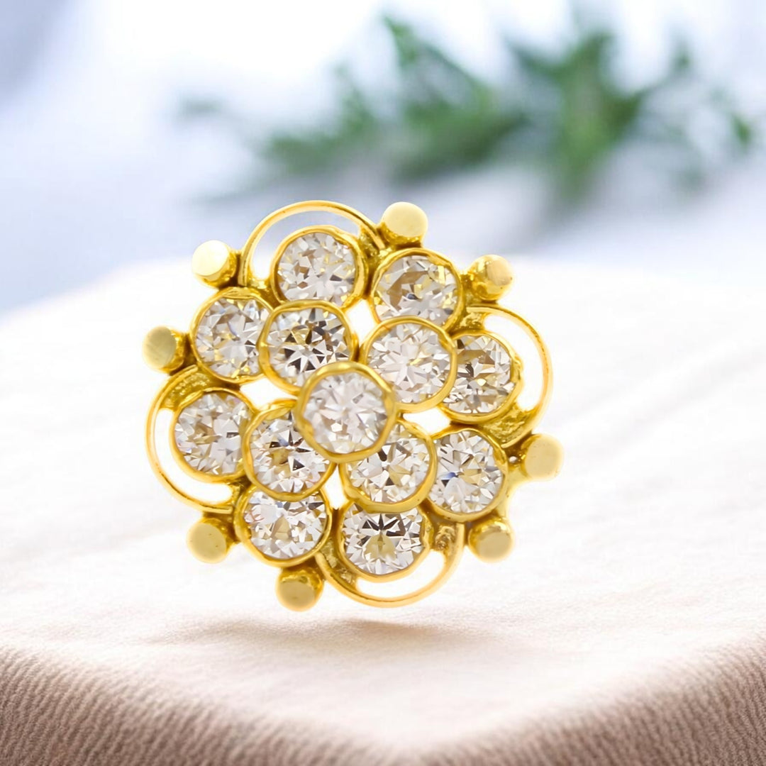18K Real Gold Floral Cluster White CZ Push Pin Nose Stud