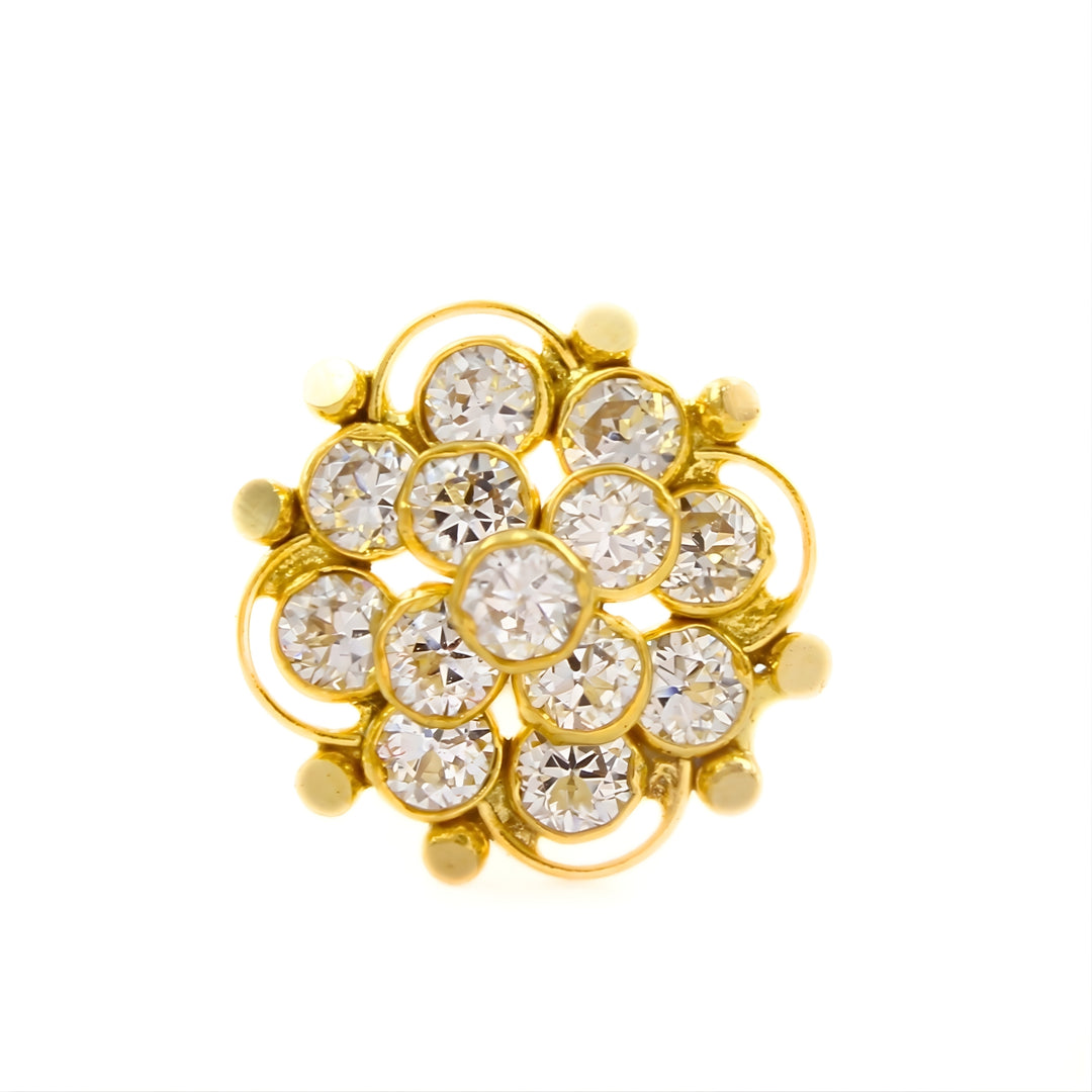 18K Real Gold Floral Cluster White CZ Push Pin Nose Stud