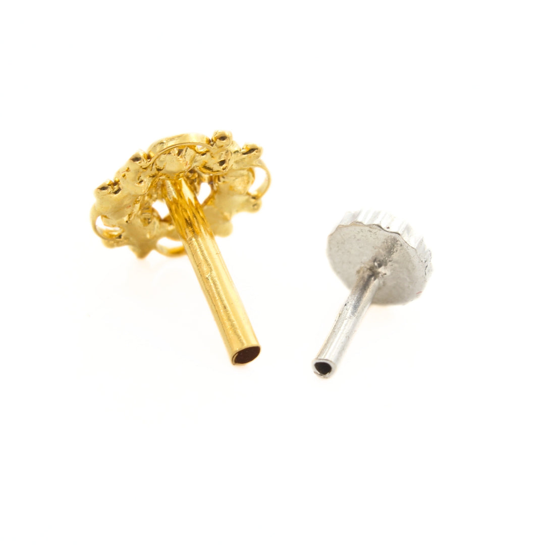 18K Real Gold Floral Cluster White CZ Push Pin Nose Stud