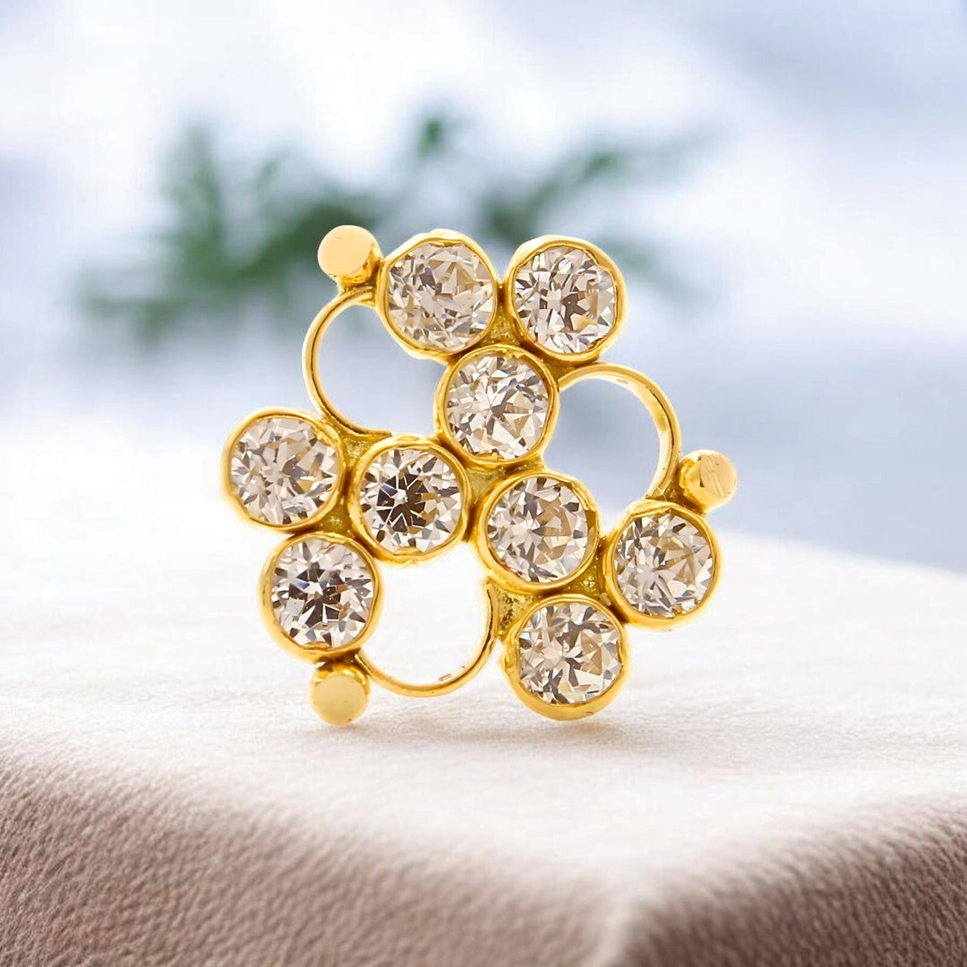 18K Real Gold Floral Bloom Cluster White CZ Push Pin Nose Stud