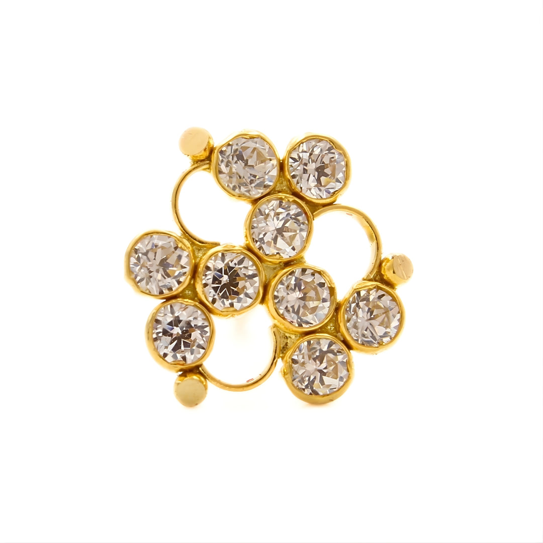 18K Real Gold Floral Bloom Cluster White CZ Push Pin Nose Stud