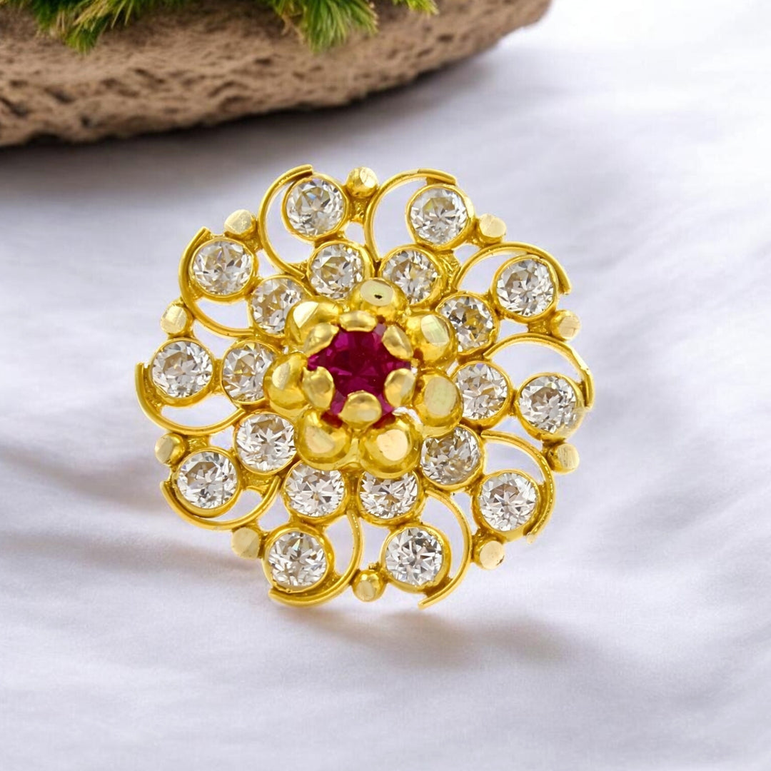 18K Real Gold Pink White CZ Nose Ring Push Pin Sunburst Nose Stud