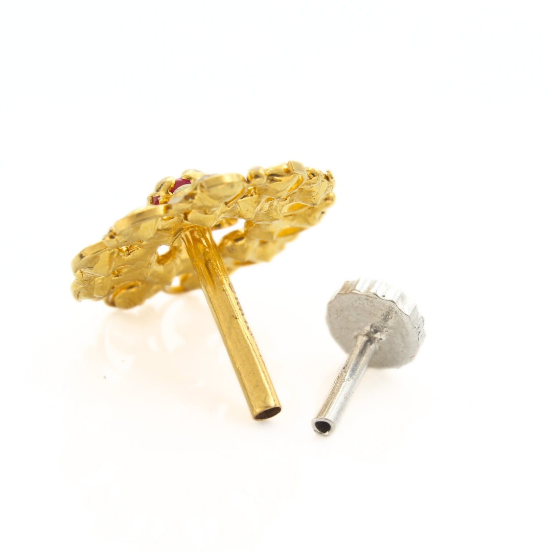 18K Real Gold Pink White CZ Nose Ring Push Pin Sunburst Nose Stud