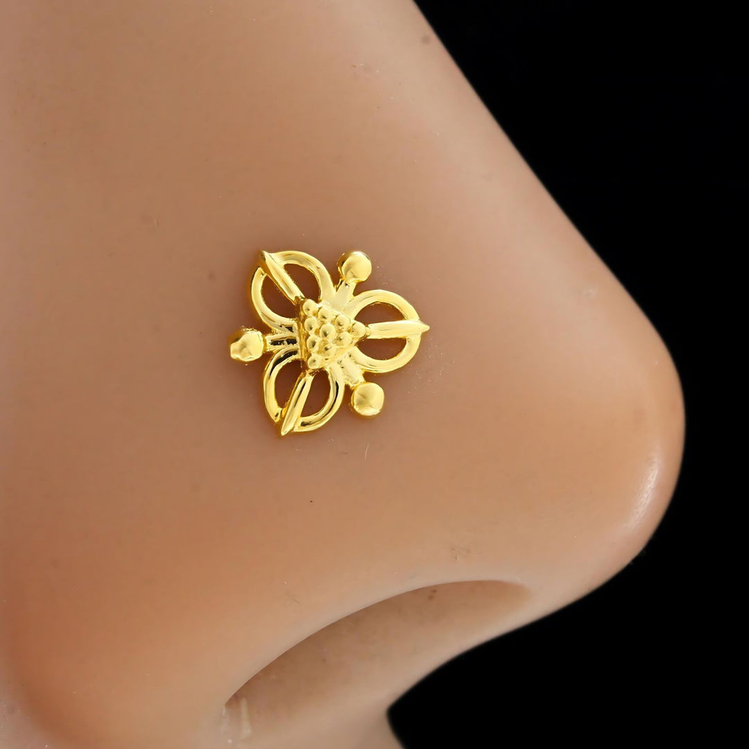 18K Real Gold women floral Nose stud cum Earring Gold Screw Back