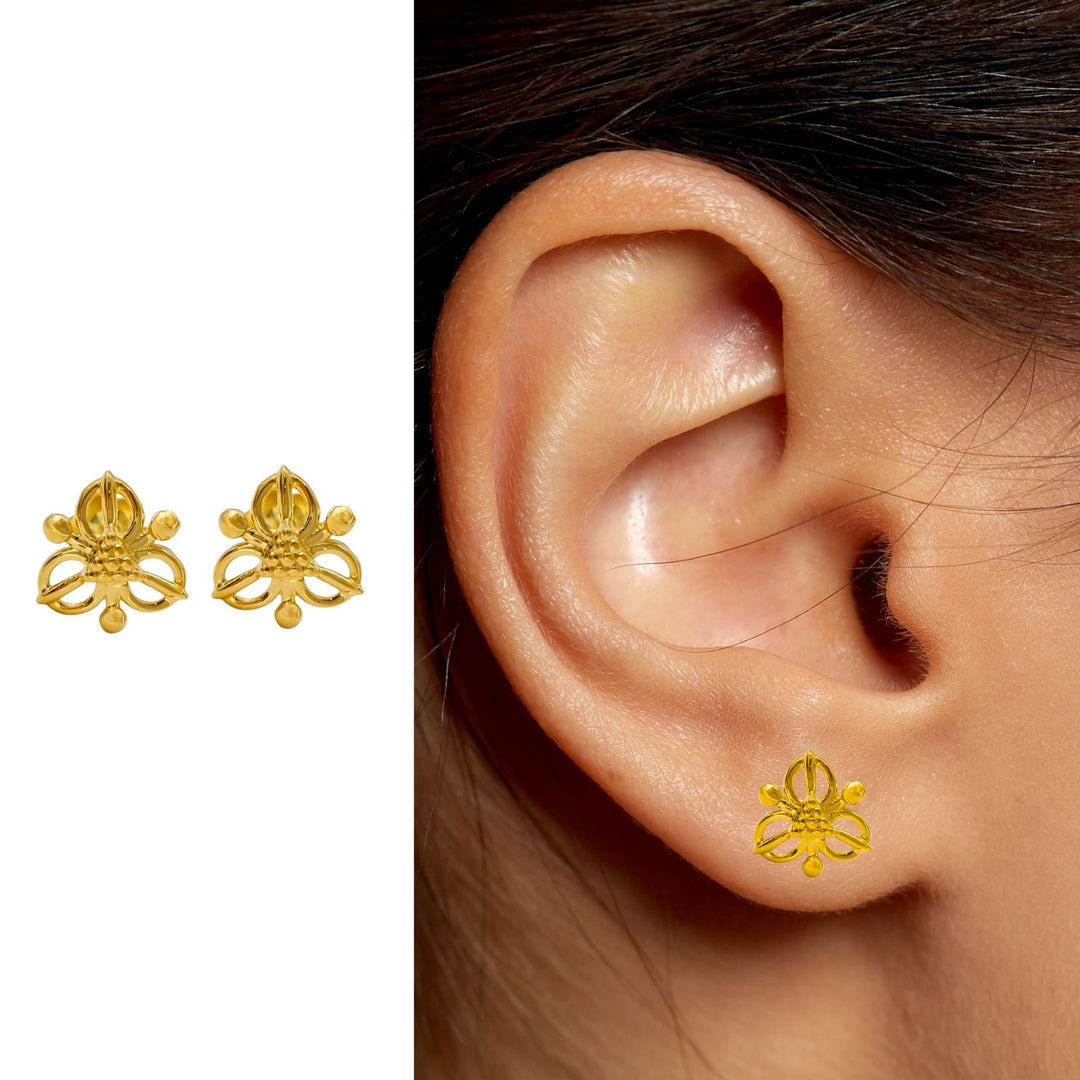 18K Real Gold women floral Nose stud cum Earring Gold Screw Back
