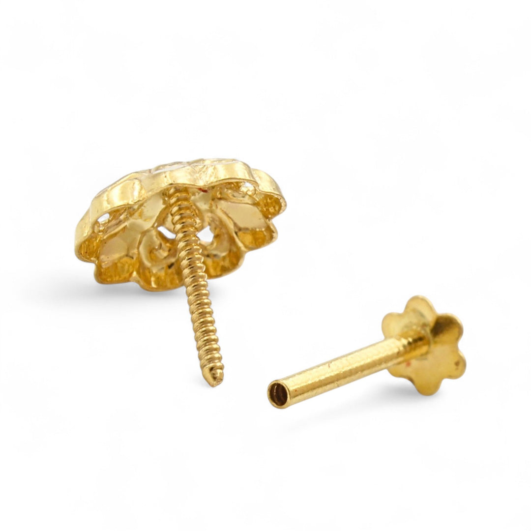 18K Gold Screw-Type Floral Nose\Ear Stud – Lightweight Indian Nose Jewelry for Women
