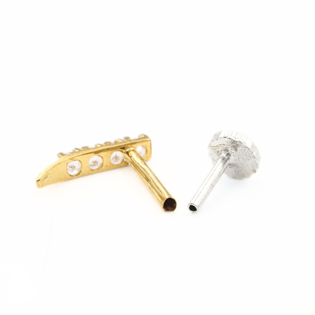 Vertical 18K Real Gold White CZ Nose stud nose ring Push Pin