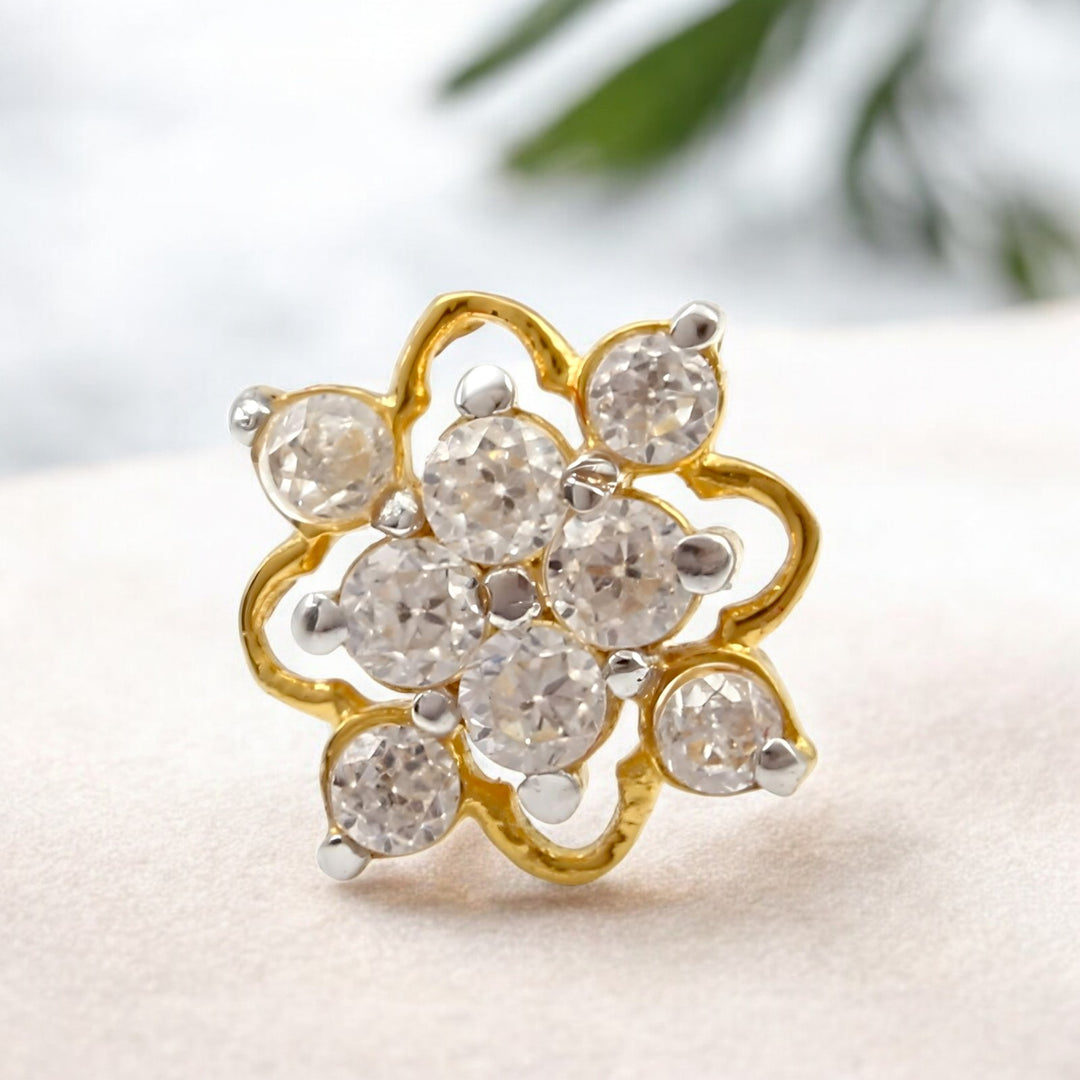 Floral 18K Real Gold White CZ Nose stud nose ring Push Pin