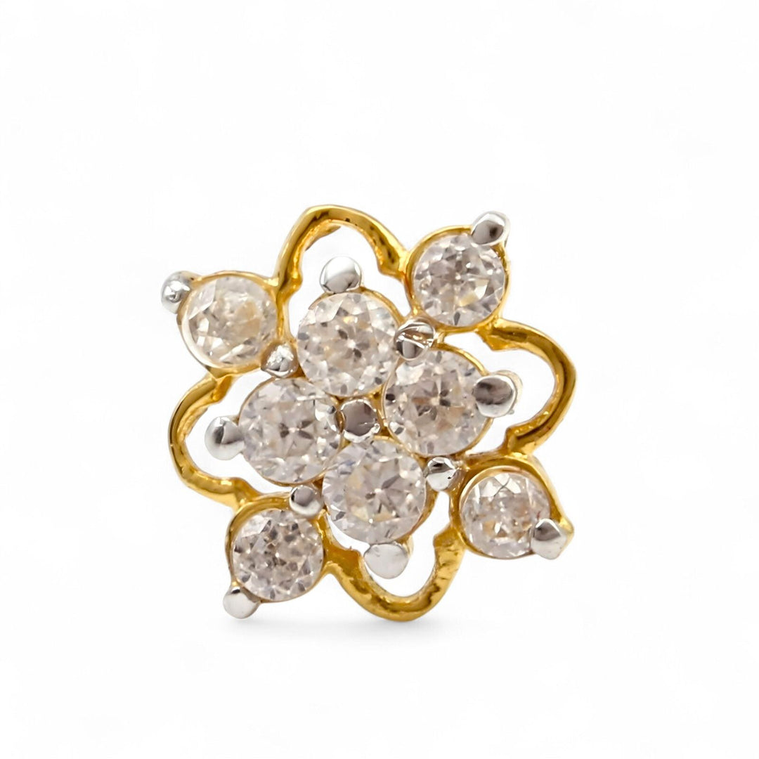 Floral 18K Real Gold White CZ Nose stud nose ring Push Pin