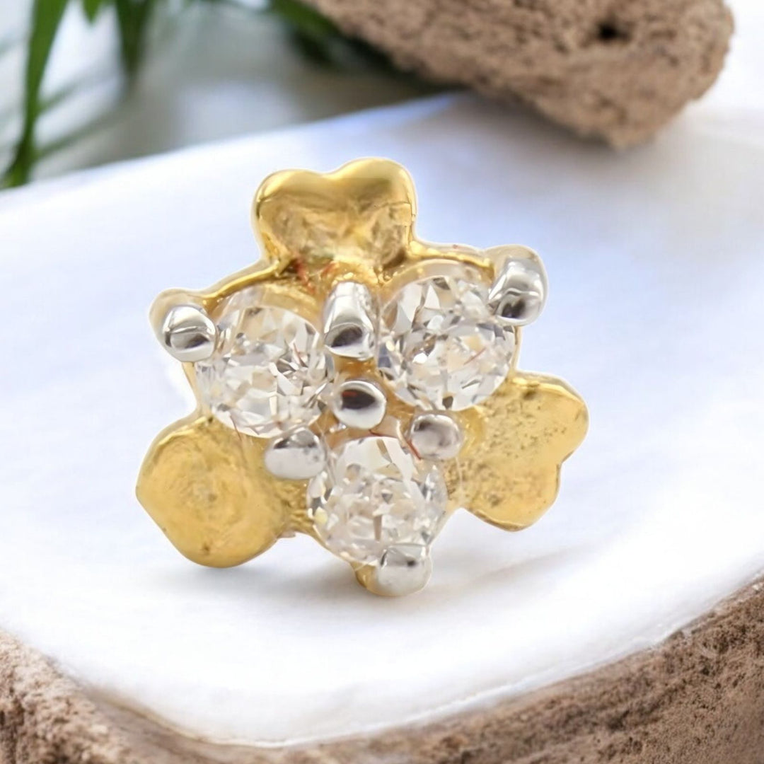 Tiny 18K Real Gold White CZ Nose stud nose ring Push Pin