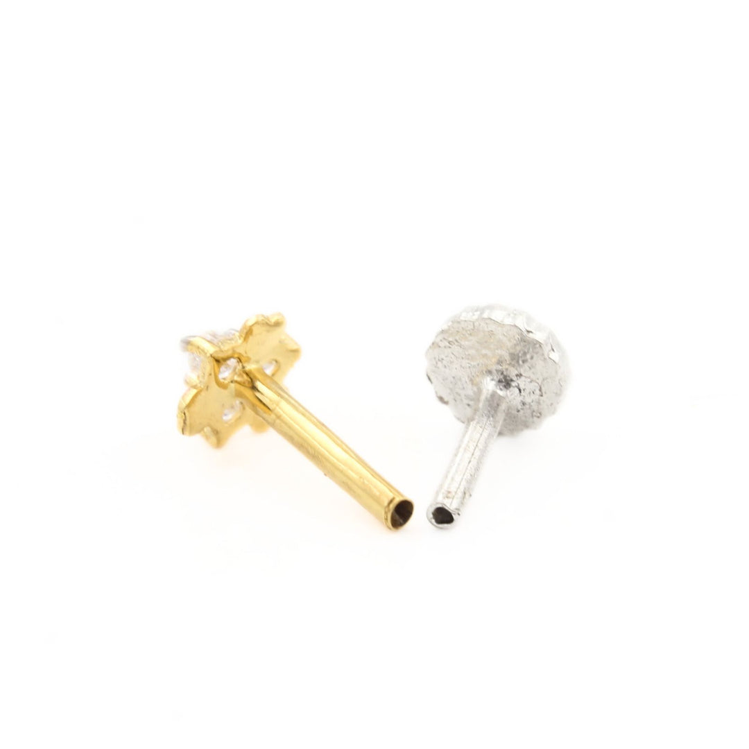 Tiny 18K Real Gold White CZ Nose stud nose ring Push Pin