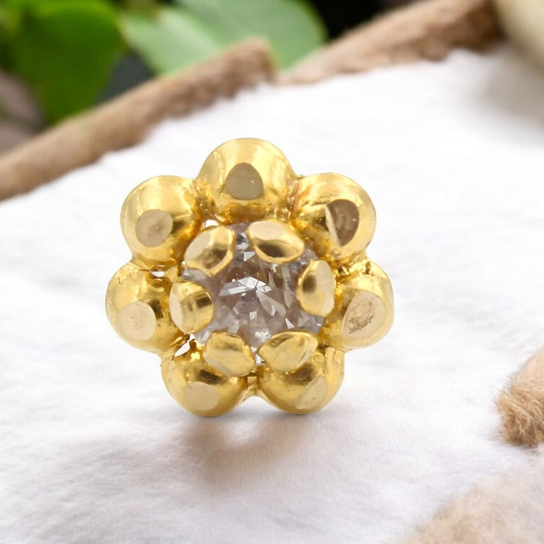 Floral tiny 18K Real Gold White CZ Nose stud nose ring Push Pin